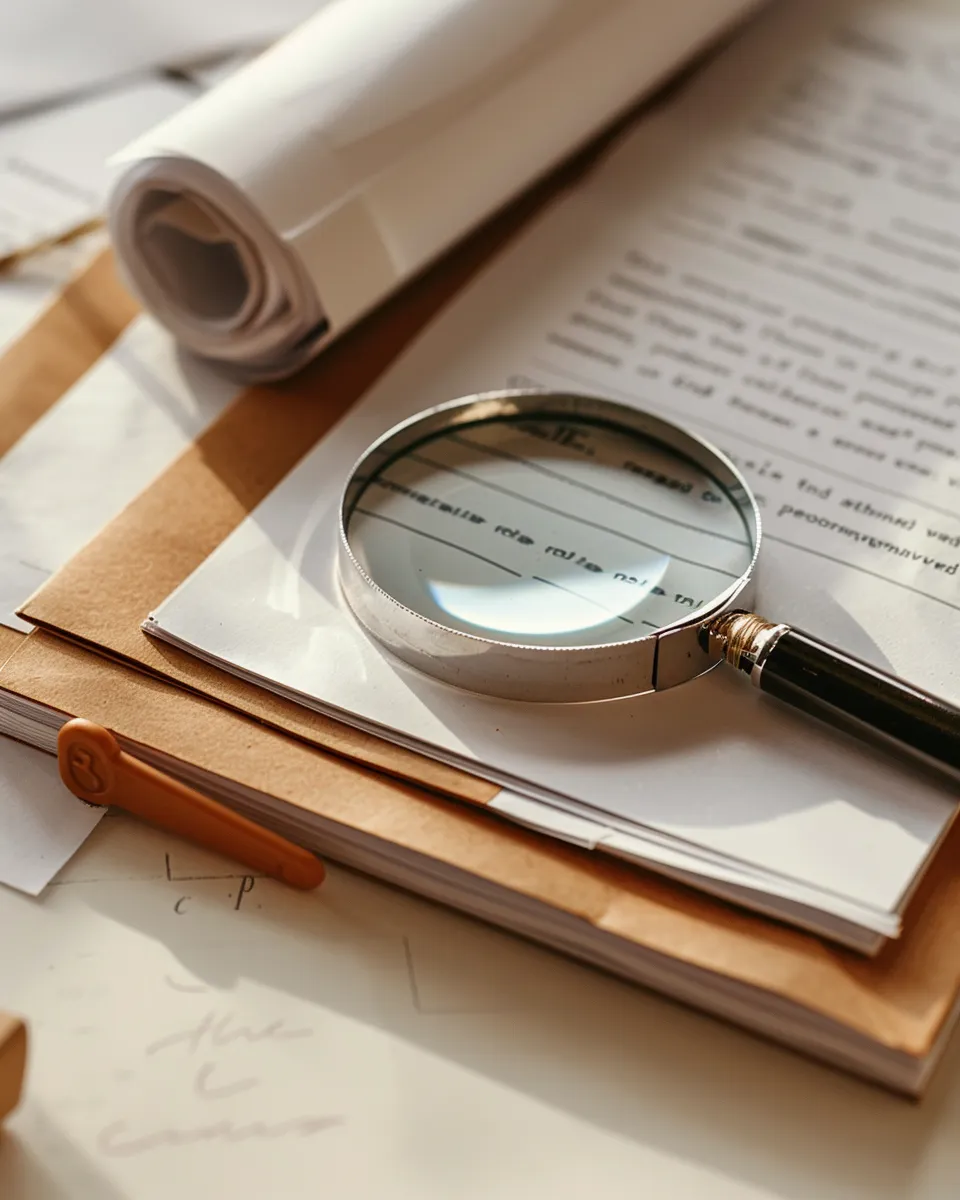 Loupe sur des documents réglementaires, lumière chaude