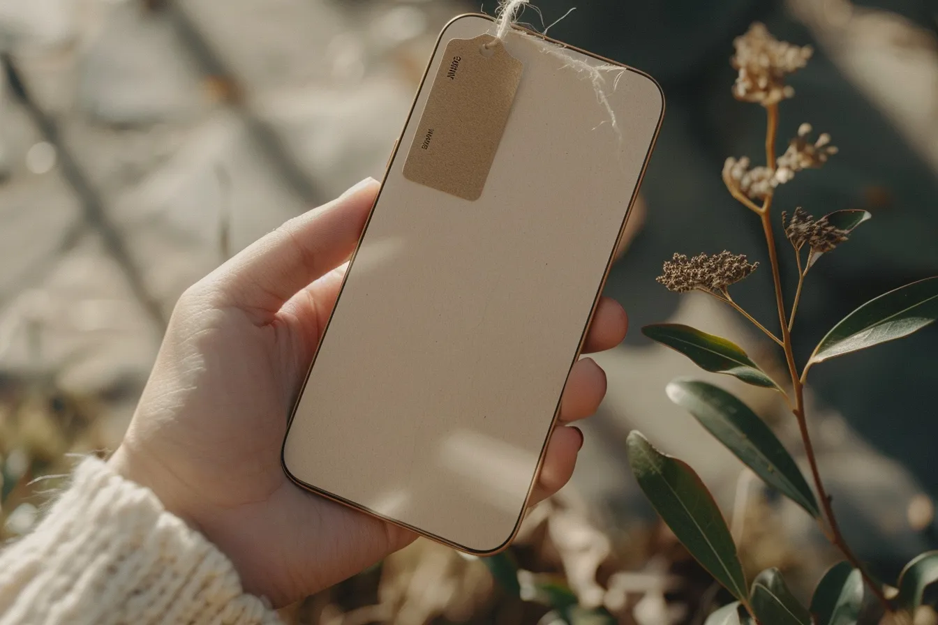 Main tenant un téléphone reconditionné avec son étiquette kraft attachée par une ficelle