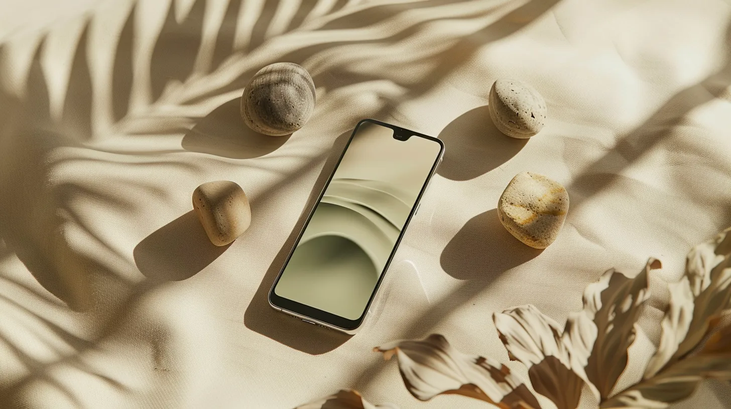Téléphone reconditionné posé sur un tissu naturel